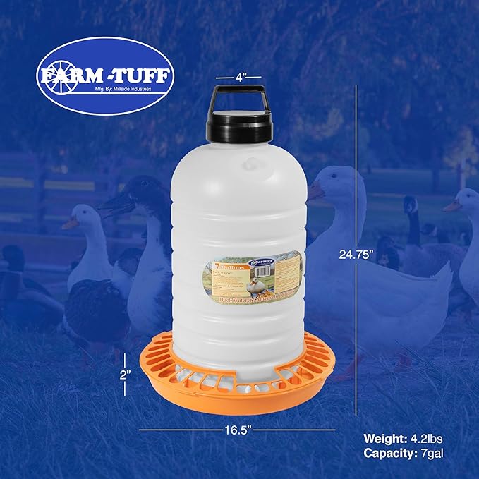 FARM-TUFF Top-Fill Duck Waterer, 7 Gallon – Durable BPA-Free Plastic Poultry Waterer with Wide Base & Splash-Reducing Design