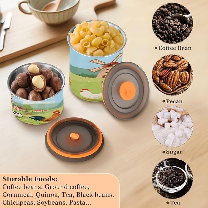 Cartoon Farm Animals Coffee Canister 30oz Stainless Steel Airtight Food Storage Container with Lid for Beans/Cereal Preserval