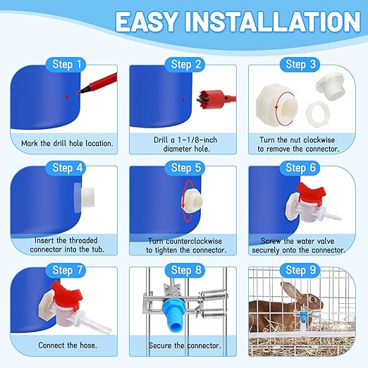 Automatic Rabbit Watering System,Rabbit Waterer Kits-Includes 66 ft 5/16’’Hose,30 PCS Drinking Nipple,Hole Opener,Barb Fittings to G1/2’’Thread Connectors,T-Fittings,Springs,Gaskets
