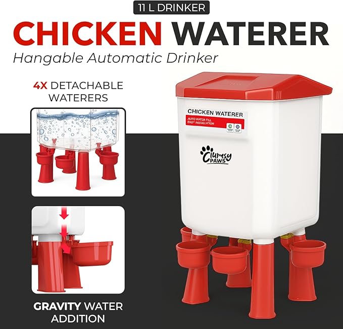 Large Chicken Water Feeder Set, Adjustable 3 in 1 Poultry Feeder with Short & Long Legs & Hanging Hook, 11L Chicken Waterer & 26.5lb Chicken Feeder Port, No Waste Design for All Poultry Sizes