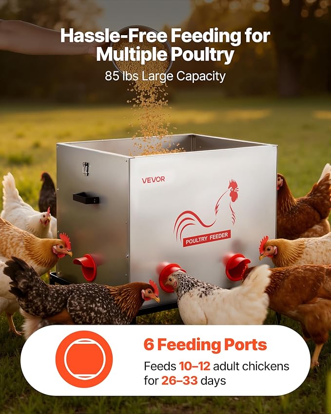 VEVOR Automatic Chicken Feeder, 85 lbs Capacity, 6 Feeding Ports No-Waste Poultry Feeder with Built-in Divider, with Latch & Handle, Metal Construction, for Chickens Bantams Pheasants Poultry Coop