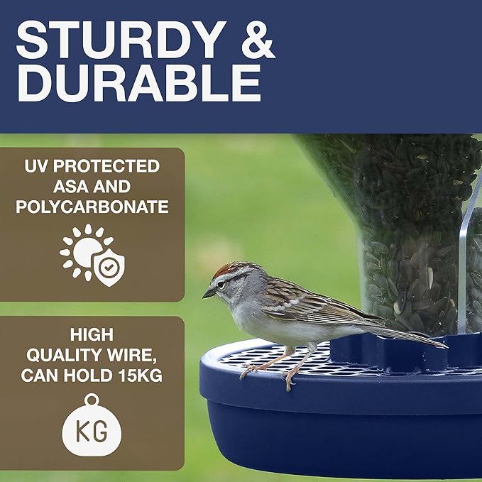 SWISSINNO Bird Feeders - No Mess Hanging Bird Feeder for Outdoors - Smart Birds Davos Spill Proof Wild Cardinal & Small Bird Feeder with Integrated Seed Catcher Tray - Dual Chamber - Indigo