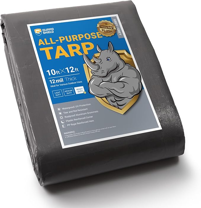 GUARD SHIELD Grey Tarps Heavy Duty Plus+ Waterproof 10x12 Feet, 12mil Large Tarp with Reinforced Grommets, Outdoor Cover for Roof, Car, Boat, Truck and Ground Pool