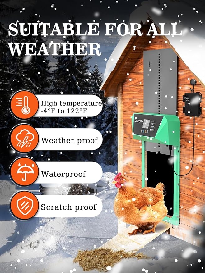 Automatic Chicken Coop Door, Aluminum Automatic Chicken Door with Anti-Pinch Feature, Timer and LCD Display (New-Green)
