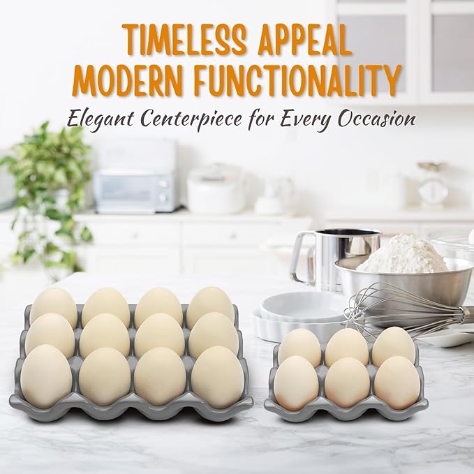 Flexzion 12 + 6 Cups Ceramic Egg Holder for Fridge - 18 Porcelain Egg Tray Container Keeper Storage Organizer Decorative Serving Stand Serveware for Refrigerator Countertop Display Kitchen (Gray)