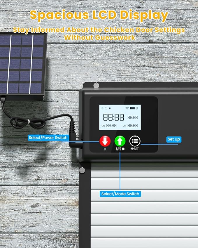Automatic Chicken Coop Door with WiFi Remote Control, 2025 Upgraded 8000mAh Solar Powered Automatic Chicken Coop Opener with LCD Display & Timer & Light Sensor, with Anti-Pinch Design