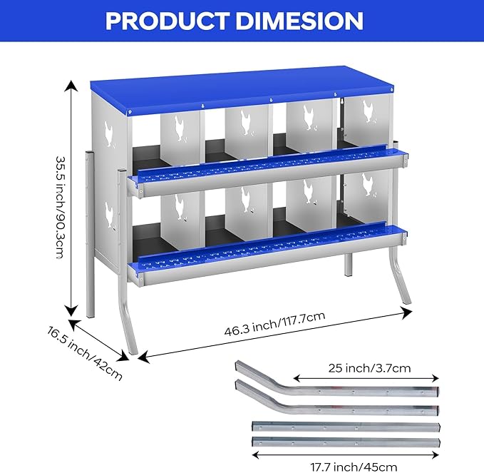 Durable Blue Finish - Metal Chicken Nesting Box for Small Animals - 8 Compartments, Galvanized Steel, Wall-Mounted Egg Laying Box, Easy Egg Collection & Cleaning, Roll Away Poultry Nest - Blue,