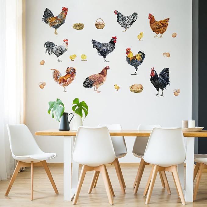 Mfault Farm Chicken Roosters Wall Decals Stickers, Farmhouse Dutch Bantam Rooster Cornish Hen Decorations Bedroom Art, Chicks Eggs Home Dining Room Kitchen Decor