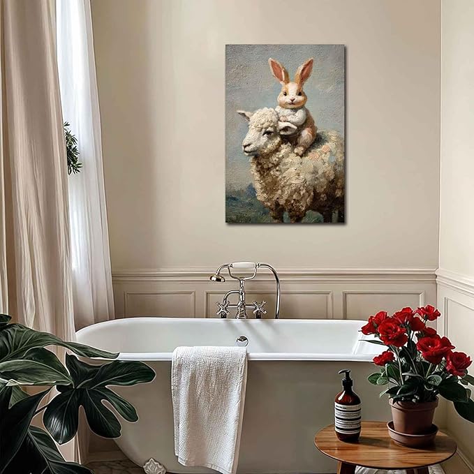 MNFGMH Easter Art Spring Bunny and Sheep Easter Canvas Prints Farmhouse Rabbit Pictures Artwork Modern Home Decor Gift Wooden Frame 16x24 inch
