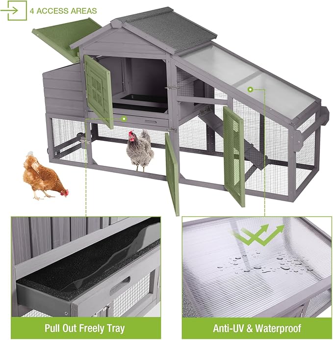 GUTINNEEN Chicken Coop Mobile Hen House Wooden with Run Poultry Cage with Nesting Box,Movable