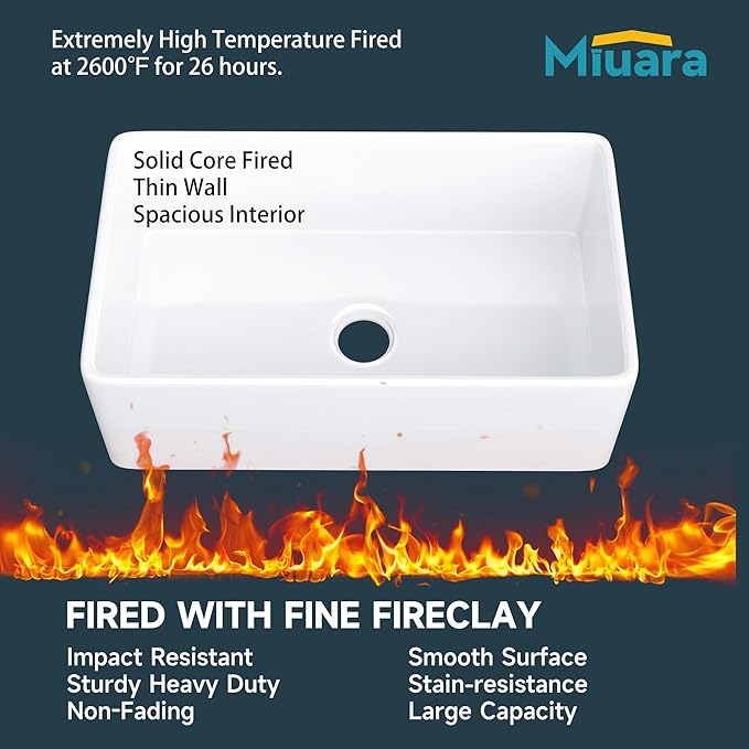 Miuara Farmhouse Sink 30 Inch - White Apron Front Undermount Kitchen Sink Reversible 30"x18"x10", Farm House Style Single Bowl, Heavy Duty Solid Fireclay, Glossy White, for Kitchen & Laundry