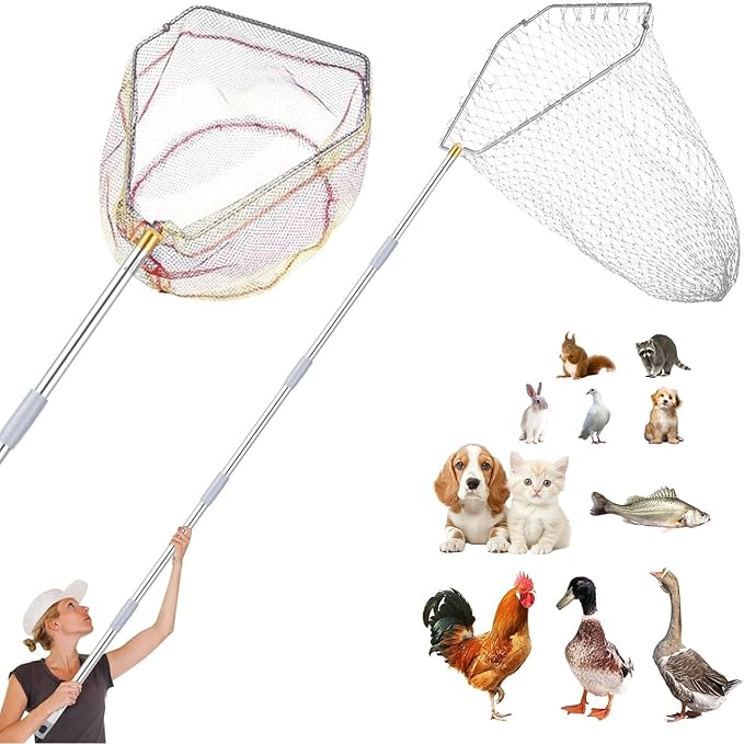 Chicken Catching Net Set – 2 Nets with Adjustable 74 Inch Pole, Lightweight Bird & Animal Catcher for Chickens, Ducks, Geese, Fish, Cats – Heavy-Duty Nylon Net with Stainless Steel Frame