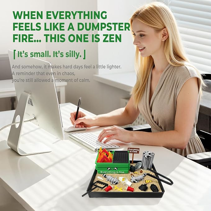 Dumpster Fire Zen Garden for Desk, Funny Mini Desktop Zen Sand Garden Kit, Funny Office Desk Accessory Stress Relief Gifts for Coworkers, Bosses, Friends, Birthday
