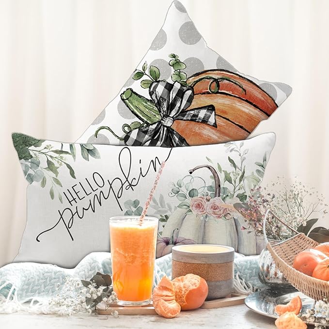 Thanksgiving Day Hello Pumpkin Eucalyptus Leave Throw Pillow Cover 12x20 Inch, Fall Autumn Thankful Harvest Decoration for Home Sofa Couch