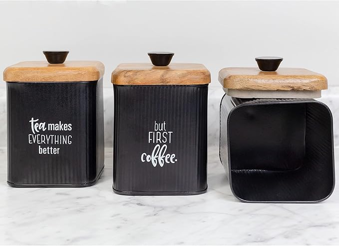 AuldHome Design Farmhouse Black Enamelware Canisters (Set of 3); Storage Containers for Coffee, Tea and Sugar in Black Enamel and Wood Design
