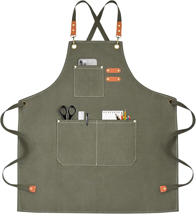 Chef Apron for Men Women Canvas Aprons with 3 Pockets Cross Back Resistant Work Apron for Cooking