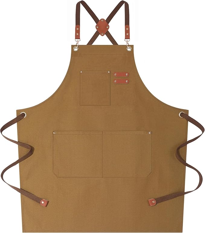 AFUN Chef Aprons for Women Men with Oversized Pockets, 12-Ounce Cotton Canvas Cross Back Water Repellent Apron (Brown)