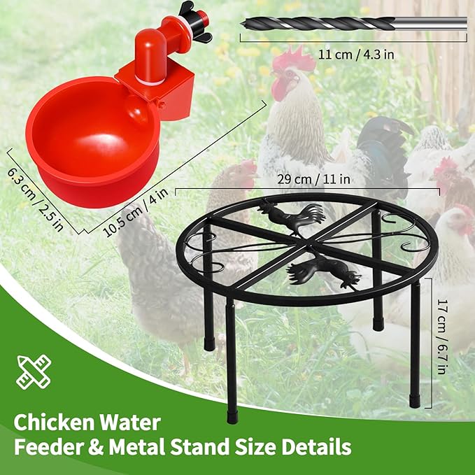 Chicken Water Feeder, 12 Pack Chicken Water Cup Waterer for Poultry, 1 Pack Metal Stand, Heavy Duty Round Iron Supports Rack for Barrel Racks, Poultry Watering Cups, for Coop Poultry Indoor Outdoor