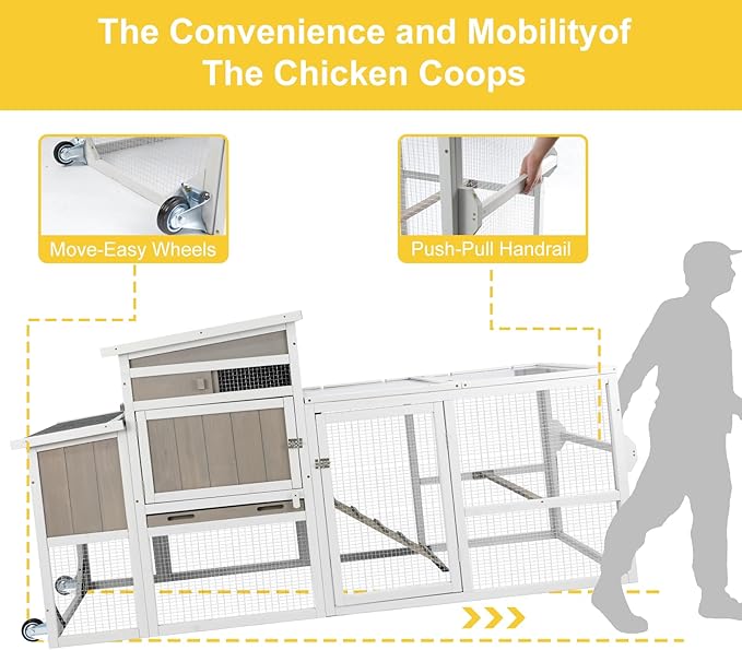 Chicken Coop Mobile Wooden Hen House with Nesting Box,75" L Outdoor Chicken House with Wheels and Removable Tray,Fir Wood Chicken Tractor with 4 Ventilation Door and Ramp,Grey