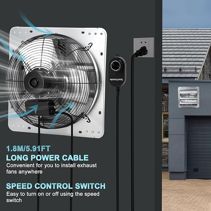 Criditpid 14 Inch Shutter Exhaust Fan with Speed Controller and Power Cord for Garage, Greenhouse, Attic, Chicken Coop, Shop, Shed, Basement Ventilation, 1088 CFM 1450 RPM Wall Mounted Exhaust Fan.