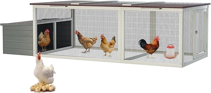 Large Wooden Chicken Coop,Outdoor Hen House with Nesting Box and Weatherproof Asphalt Roof,Walk-in Poultry Cage W/Secure Locks,Metal Mesh Run for Backyard Farm Use,Easy Assemble,Gray