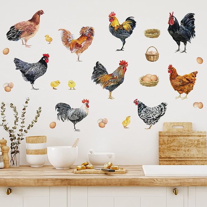 Mfault Farm Chicken Roosters Wall Decals Stickers, Farmhouse Dutch Bantam Rooster Cornish Hen Decorations Bedroom Art, Chicks Eggs Home Dining Room Kitchen Decor