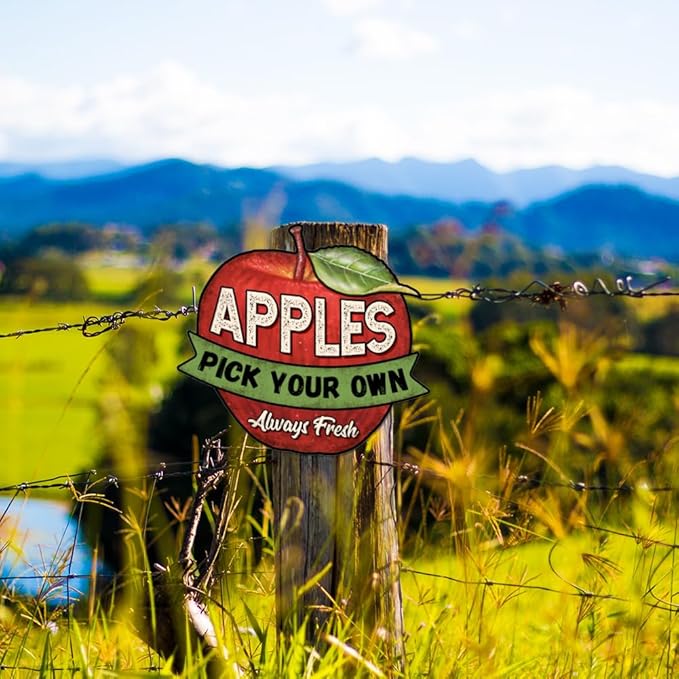 GLOBLELAND Vintage Metal Apple Shape Tin Sign 10.6x9.6inch "Apples Always Fresh Pick Your Own" Retro Plaque Poster Metal Wall Decorative Tin Signs for Home Kitchen Restaurant Coffee Shop Club Bar