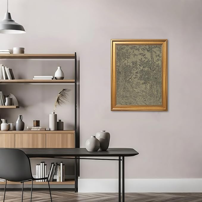 Gold Framed Antique Textile Landscape Sketch Wall Art Painting Moody Vintage Drawing Print Rustic Old-World Picture Poster Neutral Canvas Artwork for Living Room Study Entryway Home Decor 12x16inch