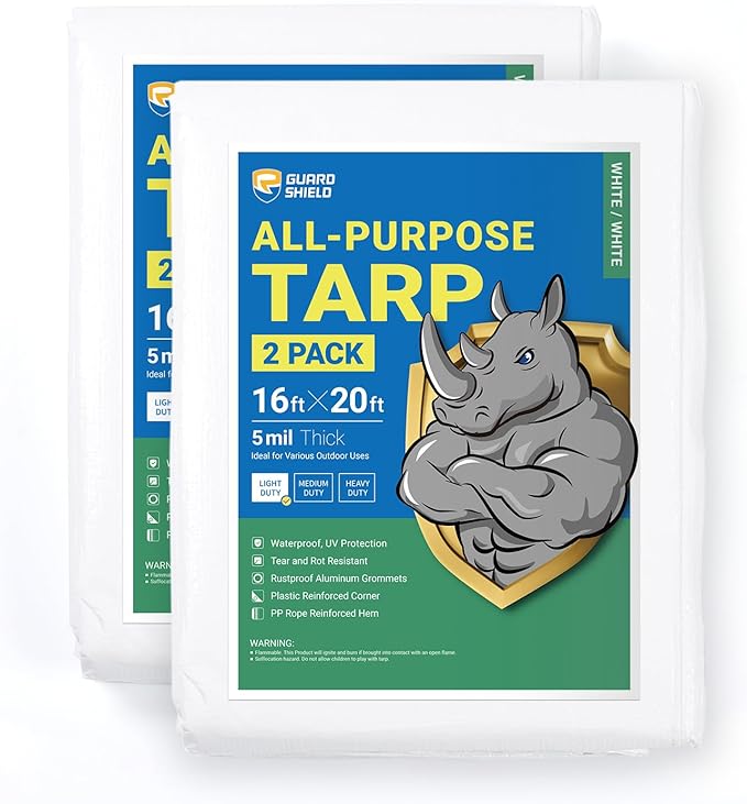 GUARD SHIELD Tarp White 16x20 Feet Multi Purpose Waterproof Poly Tarp Cover 5mil (2-Pack)