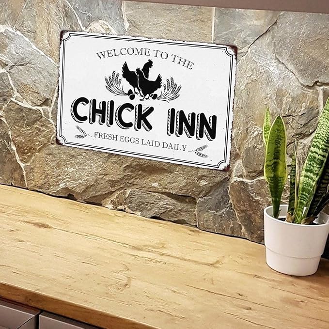 Welcome To The Chick Inn Tin Sign Chicken Coop Metal Signs Funny Hanging Plaque For Hen House Outdoor Rustic Decoration Vintage Accessories Garden Yard Fence Home Decor 12x8 Inch