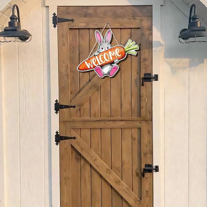 Farmhouse Decor Rustic Welcome Sign, Bunny Welcome Carrot Sign, Easter Bunny Decorations, Watercolor Farm Animal Wall Art Painting Style, Cute Spring Door Sign for Porch or Entryway, 11.8x9 Inches