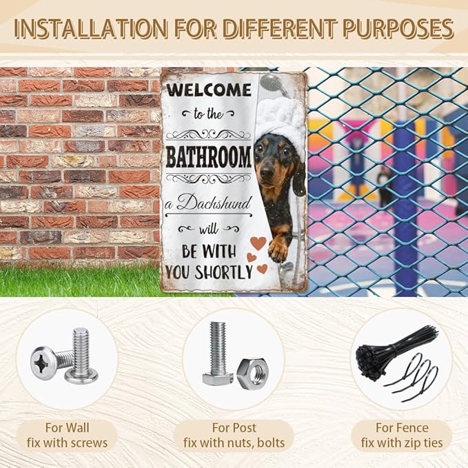 WADORN Funny Dachshund Bathroom Metal Sign, 8x12 Inch Welcome to The Bathroom A Dachshund Will Be With You Shortly Retro Tin Sign Weiner Dog Wall Decor Plaque Gifts for Home Washroom Restroom Toilet