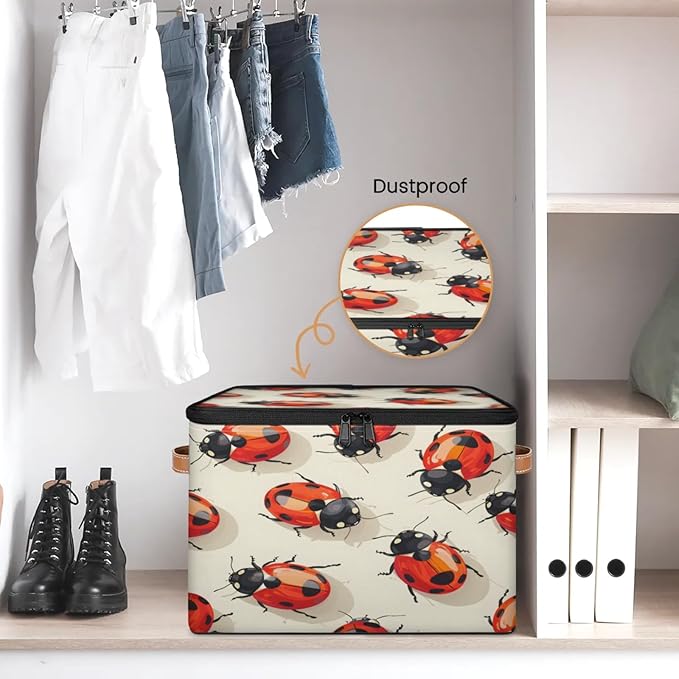 Storage Cubes with Lid Fabric Storage Bins Boxes PU Leather Handles, Cute Ladybird Closet Organizer Container Foldable Washable Shelf Cloth Basket, Red LabyBirds Ladybugs