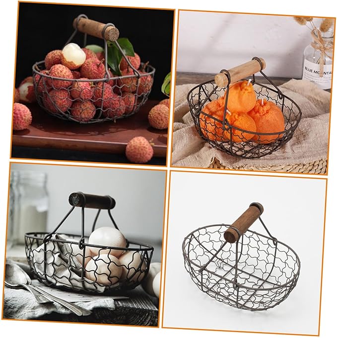 2pcs Iron Fruit Basket with Wooden Handles, Vintage Farmhouse Style Egg and Snack Storage Baskets, Small Gray-black Metal Kitchen Pantry Organizer