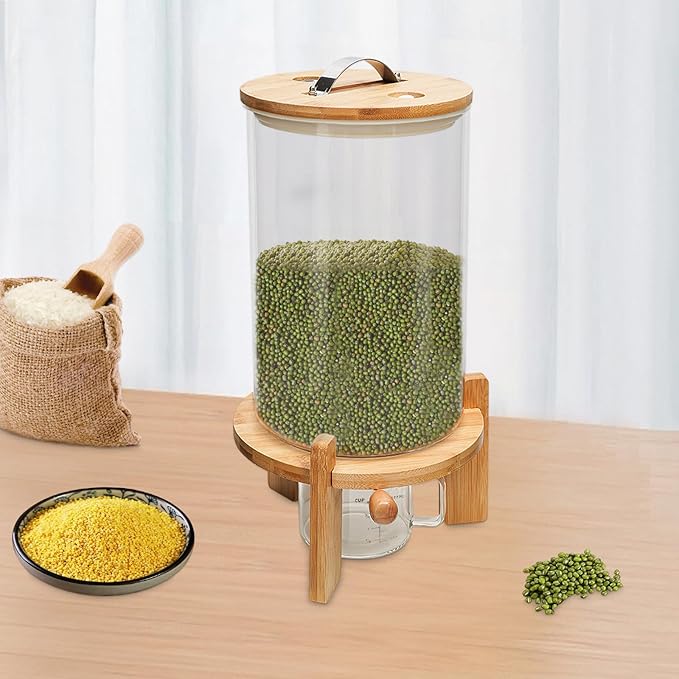 7.5L Glass Rice Dispenser with Bamboo Stand, 8-14 Lbs Cereal Container with Glass Measuring Cup,Large Airtight Food Organization Storage Bin for Grain, Coffee Bean, Dry Food
