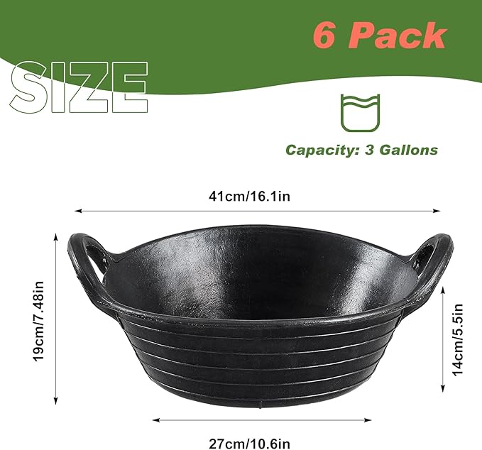 Maxdot 6 Pieces Rubber Feed Pan with Handles 3 Gallon Heavy Duty Livestock Feed Tub for Horses Goats Chickens Ducks Flexible Garden Farm Utility Bucket Harvest Tub for Vegetables Washing Soil Mixing