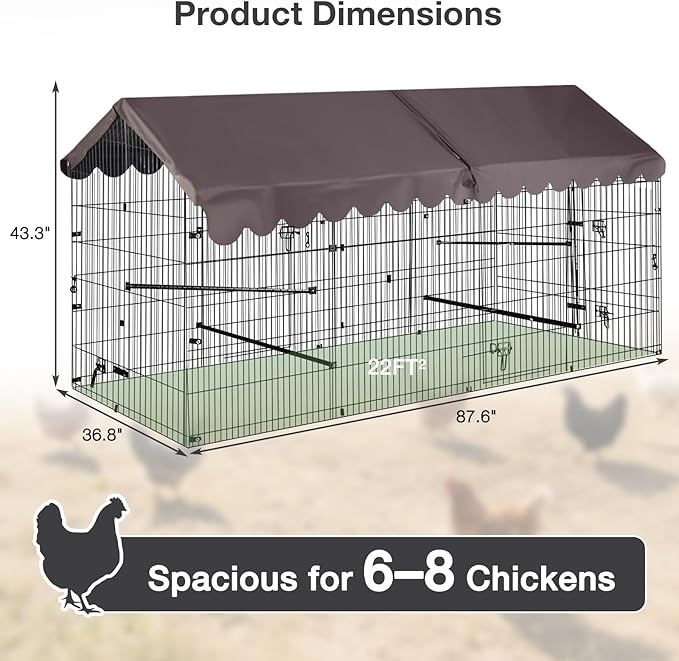 22 Sq Ft Large Metal Chicken Coop with Waterproof Cover, Outdoor Chicken Run for 6-8 Chickens, Rabbits & Ducks, Heavy Duty Rust-Resistant Poultry Cage with Secure Lock