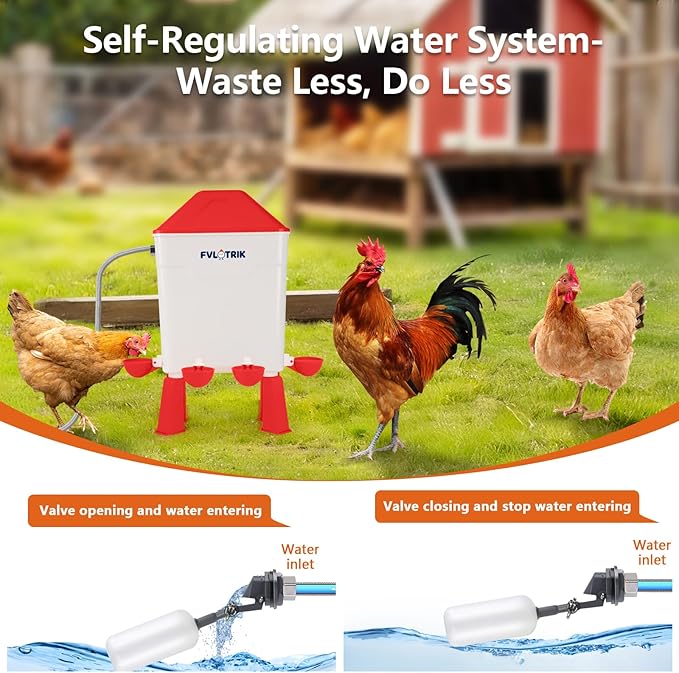 3 Gallon Automatic Chicken Waterer for Hands-Free Hydration, Float-Controlled Chicken Watering System with Leak-Proof Design, 2.75" Cups for All Poultry, 60" Hose for 3/4" Connections