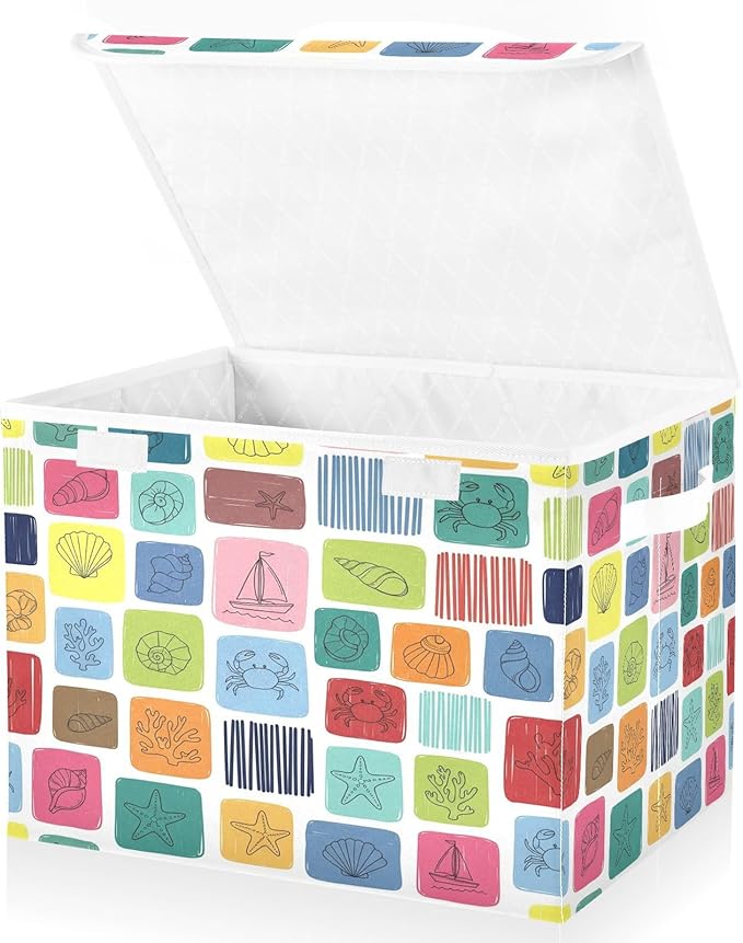 Colorful Sea Marine Theme Squares Storage Bins with Lids Foldable Storage Basket with Handles Collapsible Large Fabric Organizer Containers for Clothes Shelves Closet Office Home