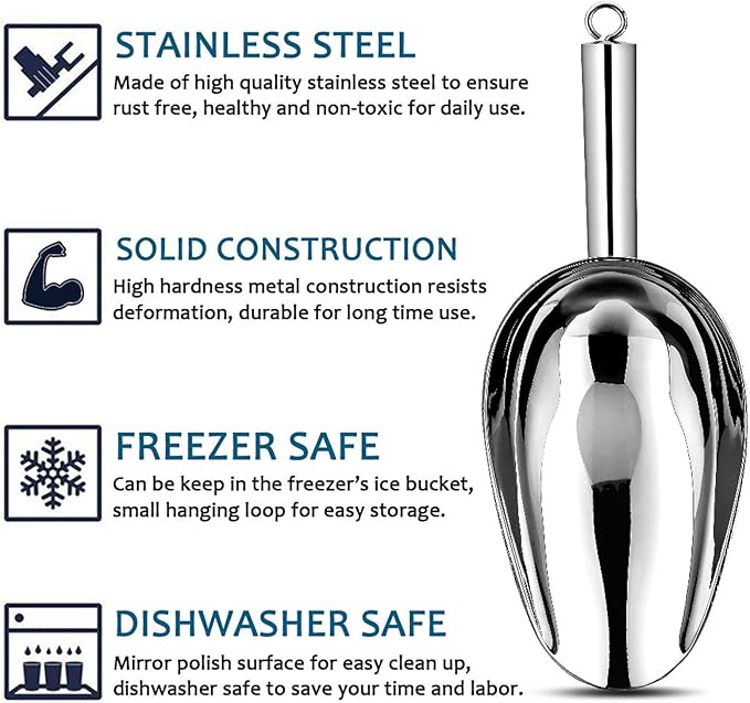 Stainless Steel Ice Scoop Set of 2, E-far 24 Ounces Metal Large Utility Scoop for Kitchen/Bar/Party/Wedding/Dog food/Potted Plants, Round Bottom & Hanging Loop, Rust Free & Dishwasher Safe