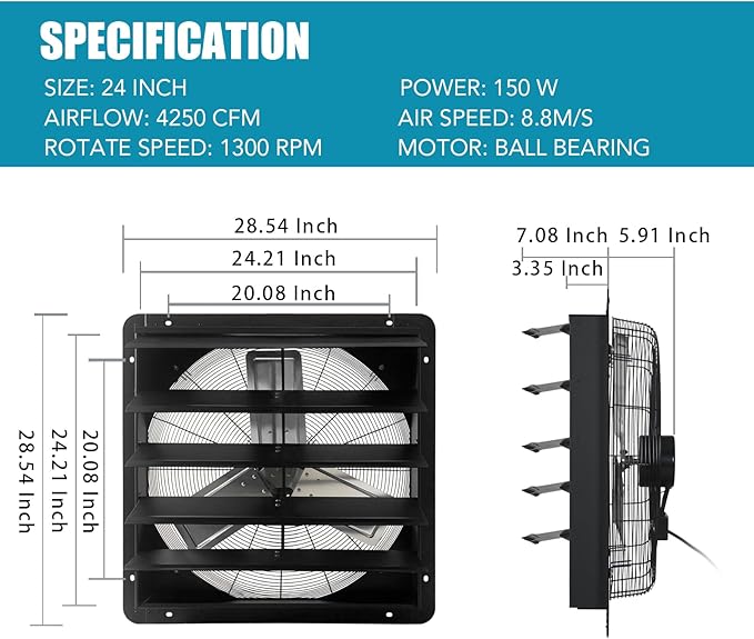 VENTISOL 24 Inch Shutter Exhaust Fan, Wall Mounted Attic Fan with Power Cord, High Speed Vent Fan with Speed Controller 4250CFM, Automatic Household Ventilation Fan for Cooling, Garage, Shop, Black