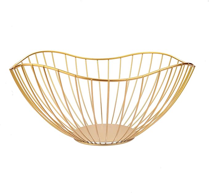 IBWell High Style Curved-Edge Modern Creative Stylish Single Tier Dish,Metal Iron Wire Fruit Vegetables Bread Decorative Stand Serving Bowls Basket Holder (Gold)