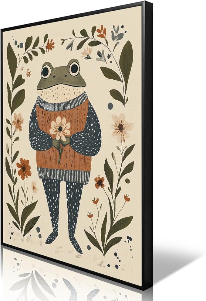 Frog Canvas Wall Art, Frog In A Textured Sweater Holding Flower Poster, Rustic Nursery Animal Painting Cozy Folk Art Print, Farmhouse Botanical Floral Painting for Kids Room 16x24in Wrapped Canvas