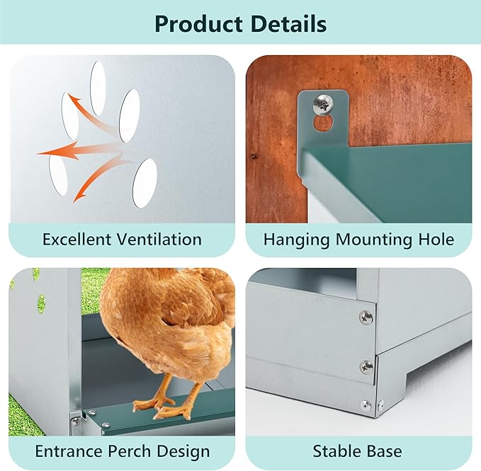 3 Compartment Chicken Nest Box, 3 Room Galvanized Steel Rustproof Metal Nesting Boxes, Chicken Egg Collection Laying Box for Hens