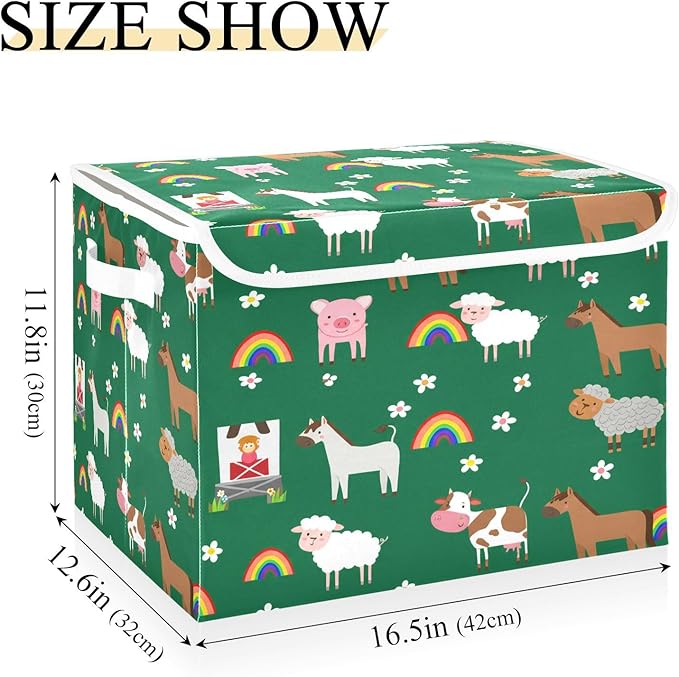 Storage Box Farm Animal Pattern Storage Bins with Lids, Larger Collapsible Fabric Storage Baskes with Handles for Living Room, Playroom, Bedroom, Nursery 16.5x12.6x11.8 Inch