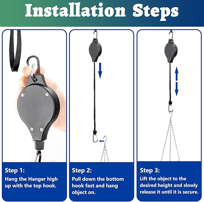 Retractable Hangers for Chicken Coop, 43" Pull-Down Design Hooks for Hanging Chicken Feeder, Waterer & Treat Dispenser, Adjustable Pulley System for Bird Feeder, Planter Hanging, 3PCS