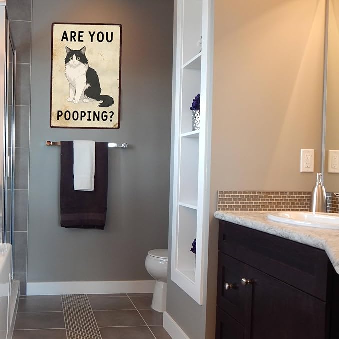 Bathroom Wall Decor, Cat Gifts for Cat Lovers, Are You Pooping Sign, Funny Metal Cat Signs for Bathroom Restroom Toilet Powder Room, Cat Wall Art Decor 8 X12 Inch