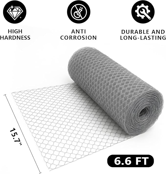 Chicken Wire, 15.7 in x 6.6 ft Garden Fence, Wire Mesh, Chicken Wires Fencing, Mesh Hexagonal Galvanized Metal Poultry Netting for Chicken Coop Rabbit Dogs Barrier (15.7 in x 6.6 ft)