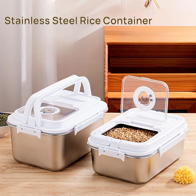 Saim 20Lbs Stainless Steel Rice Containers,Metal Flour Bin, Food Storage Container with Silicone Airtight Lid and Scoop, Measuring Cup/Portable Rice Dispenser for Dry Beans,Oatmeal and Grains (20Lbs)
