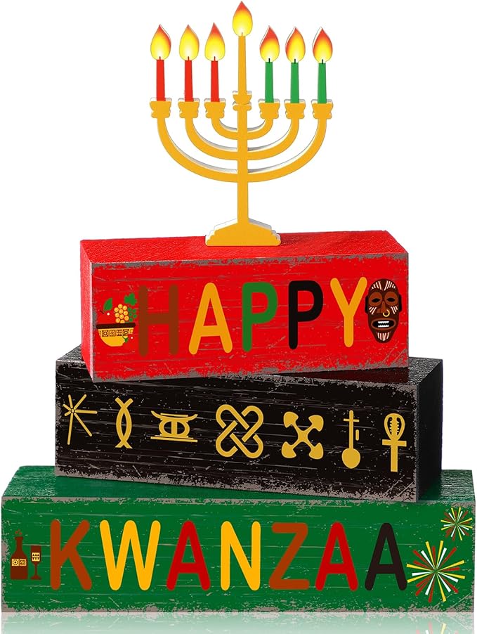Geelin 4 Pcs Kwanzaa Wooden Table Centerpiece Set Wooden African Heritage Tiered Tray Decor Happy Kwanzaa Home Decor for Holiday Party Supplies